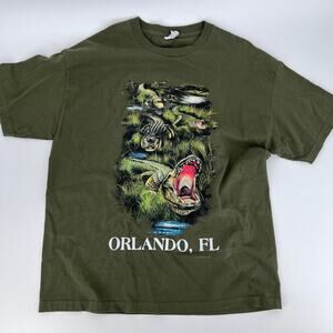 Mens VTG Alstyle Orlando Florida Army Green Alligator Tourist Souvenir Shirt XL